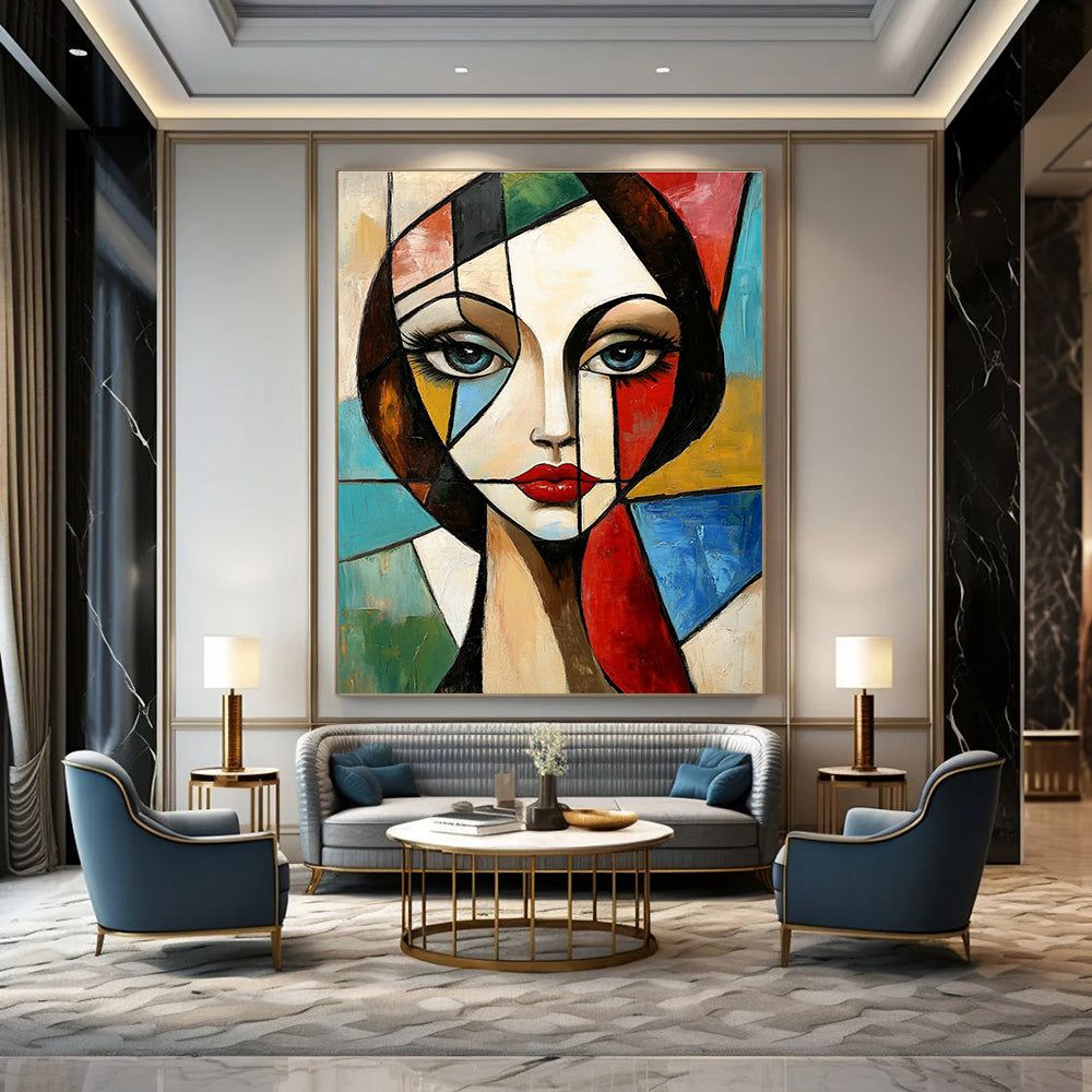 Large abstract painting in Cubism style features a geometric portrait of a woman with vibrant colors and dynamic patterns in the background.STSC1376