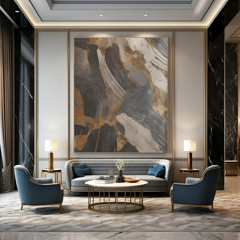 Black, Gray, and Gold Abstract Painting with Textured Layers ADGE137