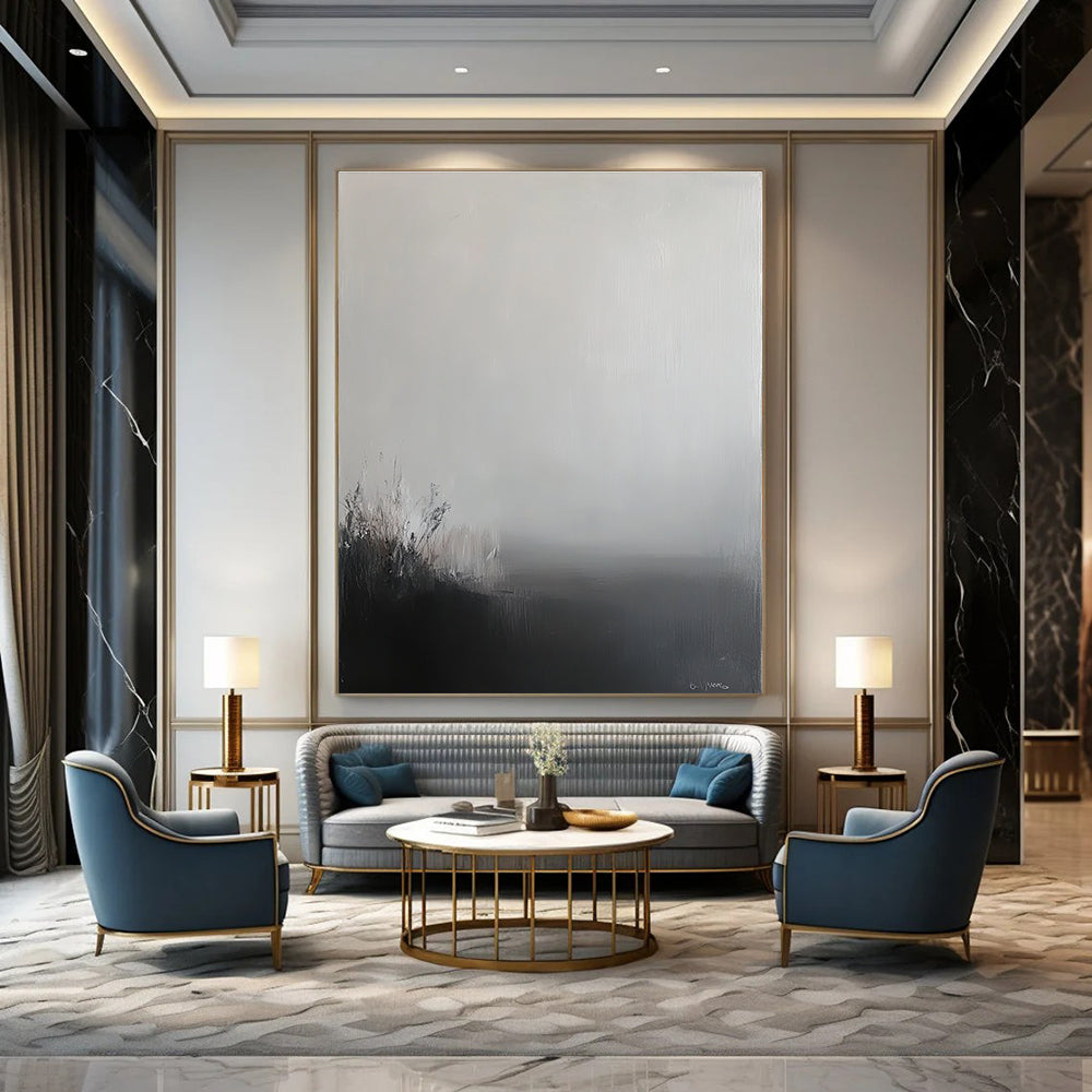 Large abstract painting featuring a grey sky and misty landscape in soft tones and neutral colors creating a calming and contemplative atmosphere.STSC288
