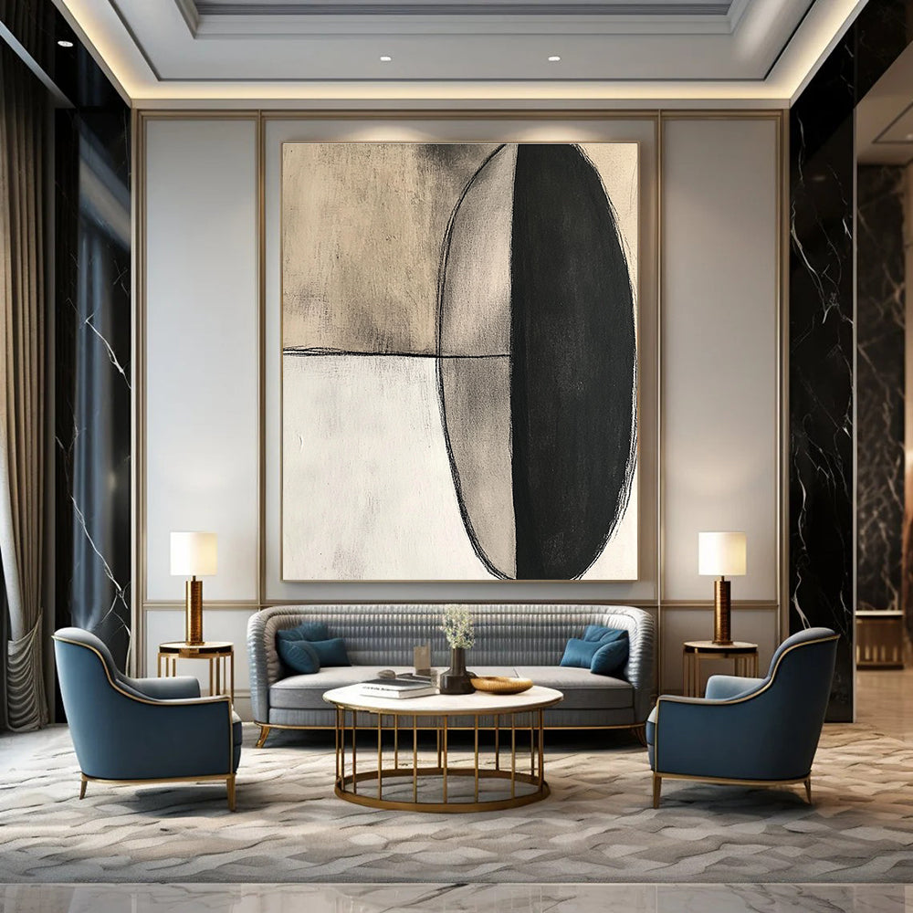 Large abstract painting featuring an oval shape in black ink and charcoal on textured cream canvas with a modern minimalistic style.STSC663