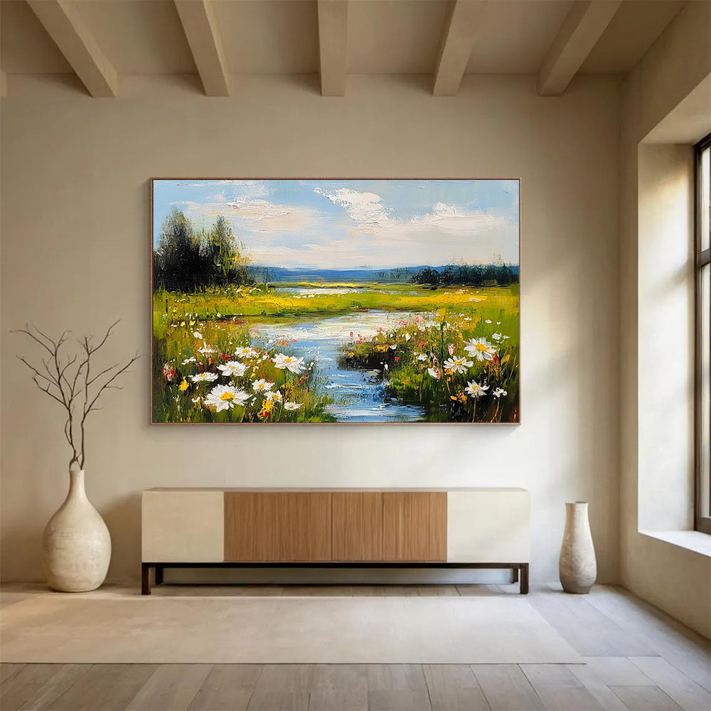 Flower - Filled River Valley Impressionistic Abstract Painting with Bright Colors DYP594