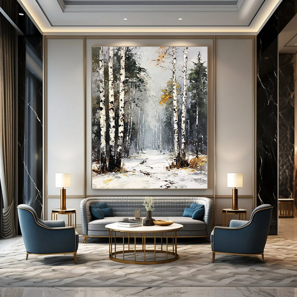 Large abstract painting of a birch forest with white trees green pines and yellow leaves under a gray sky with snow and frost on the ground.STSC1386