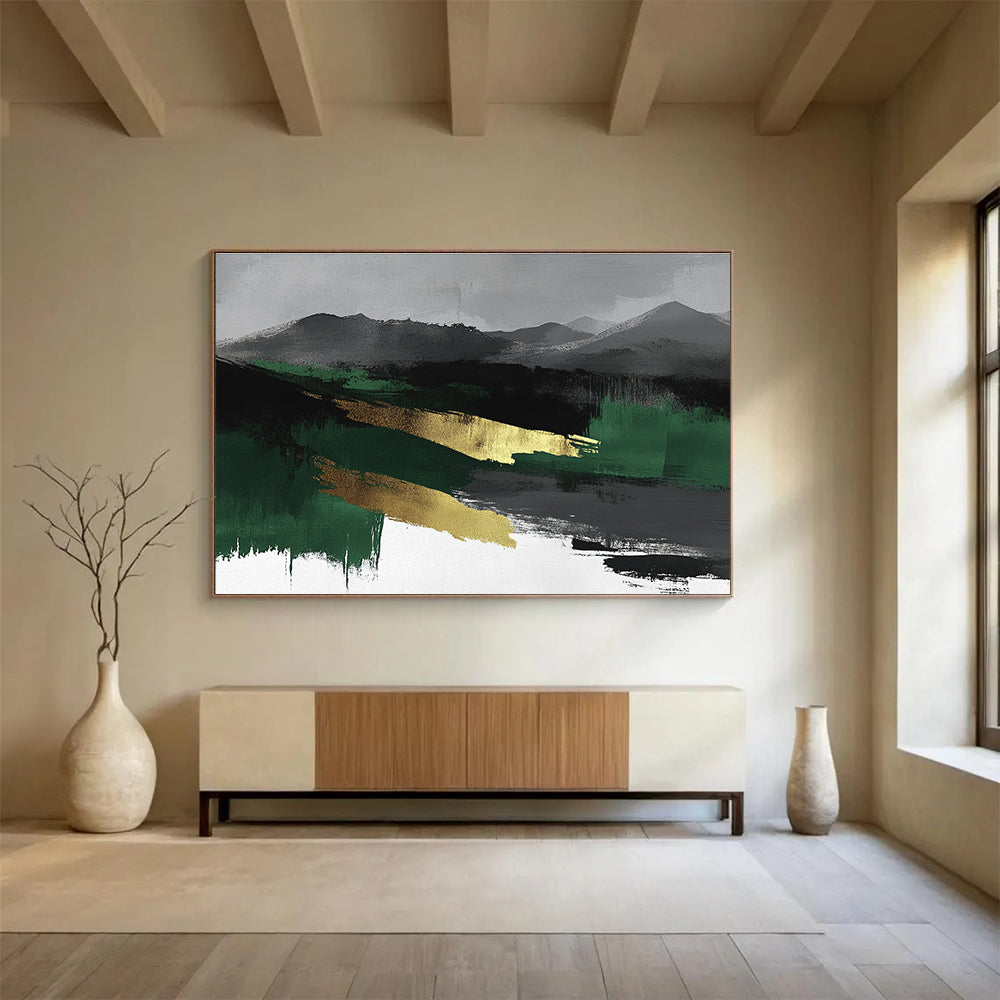 Large abstract watercolor landscape in green, black, and gray with gold accents, perfect for modern decor.SC050