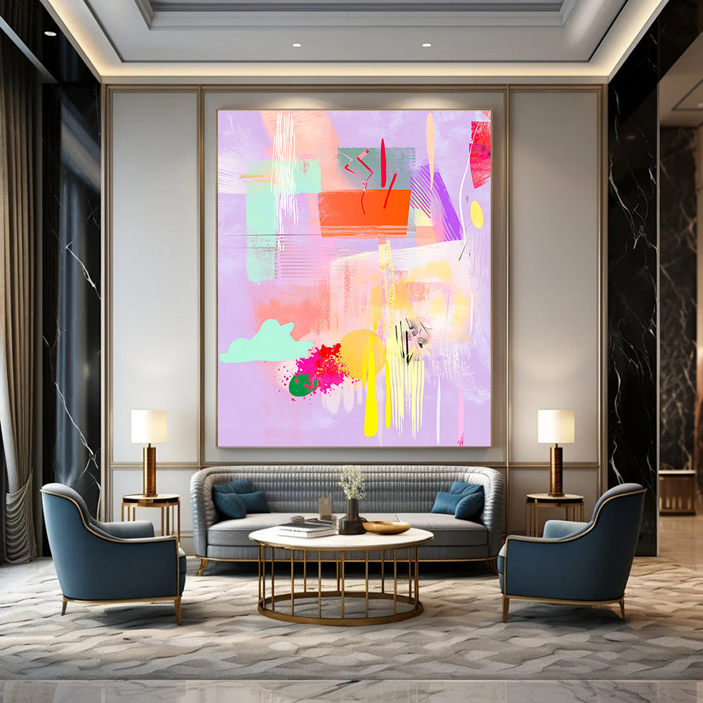 Large abstract painting featuring pastel shapes and textures with clouds flowers and musical notes on a light purple background adding depth and spaciousness.STSC546