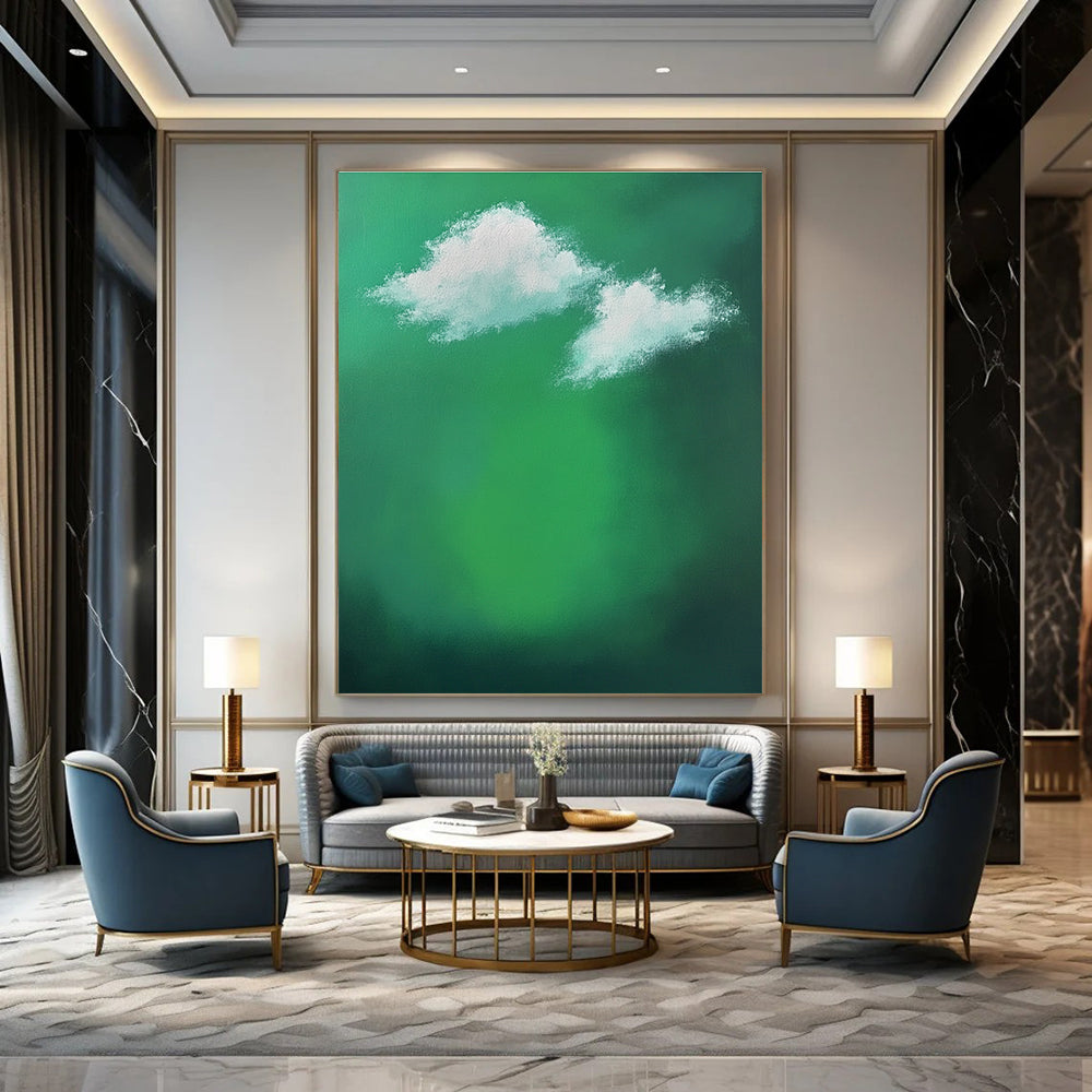 Large abstract painting featuring a green background with white clouds and sunlight effects evokes tranquility and calmness through minimalist brushstrokes.STSC1008
