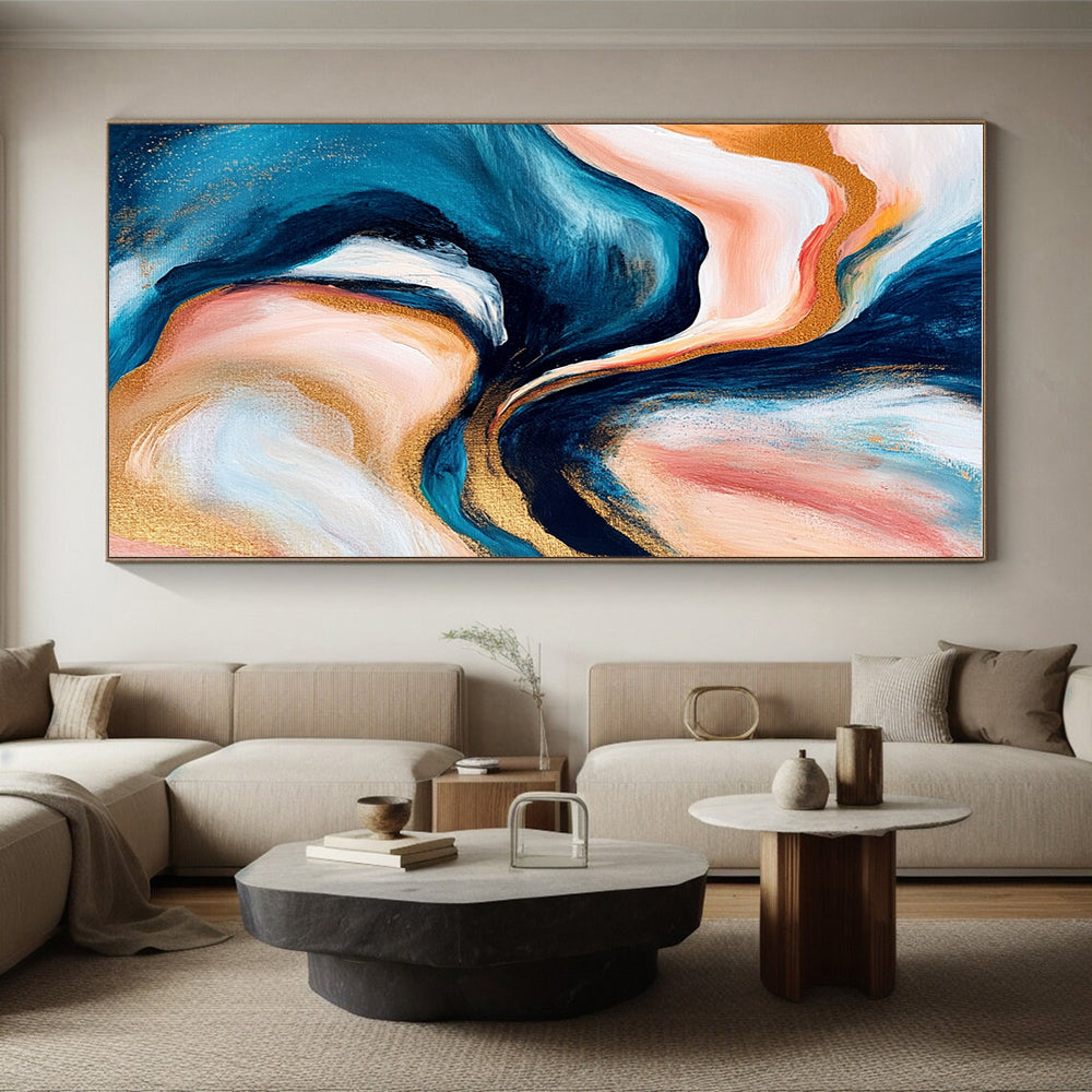Blue Pink Gold Abstract Painting with Swirling Patterns GER782