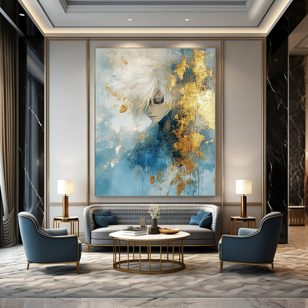 Large abstract painting with textured light blue and gold hues accented by gold foil creating an atmospheric effect.STSC449