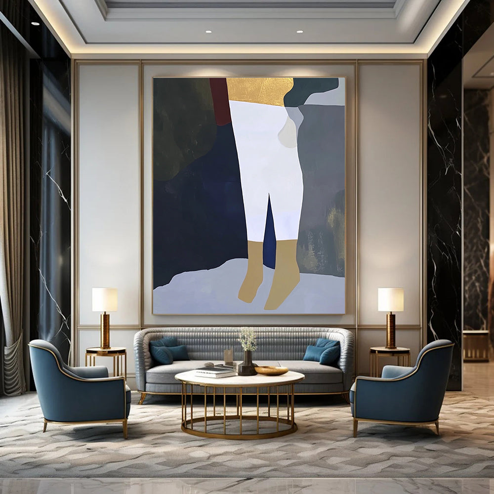A large abstract painting featuring a close-up of a leg in white trousers and gold socks on a dark grey background in soft colors.STSC960