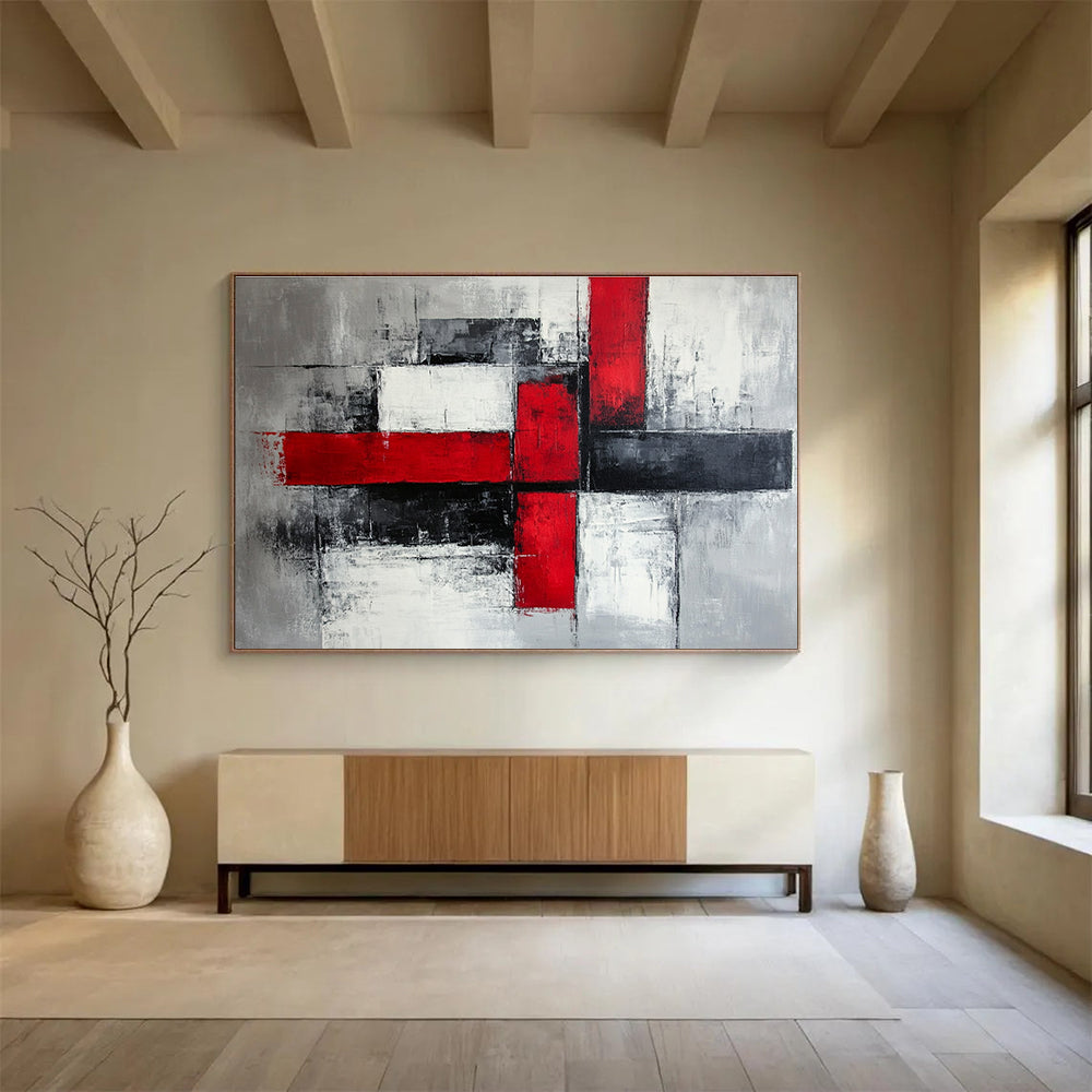 Red Black and Gray Abstract Painting with Cross Forms DYP397