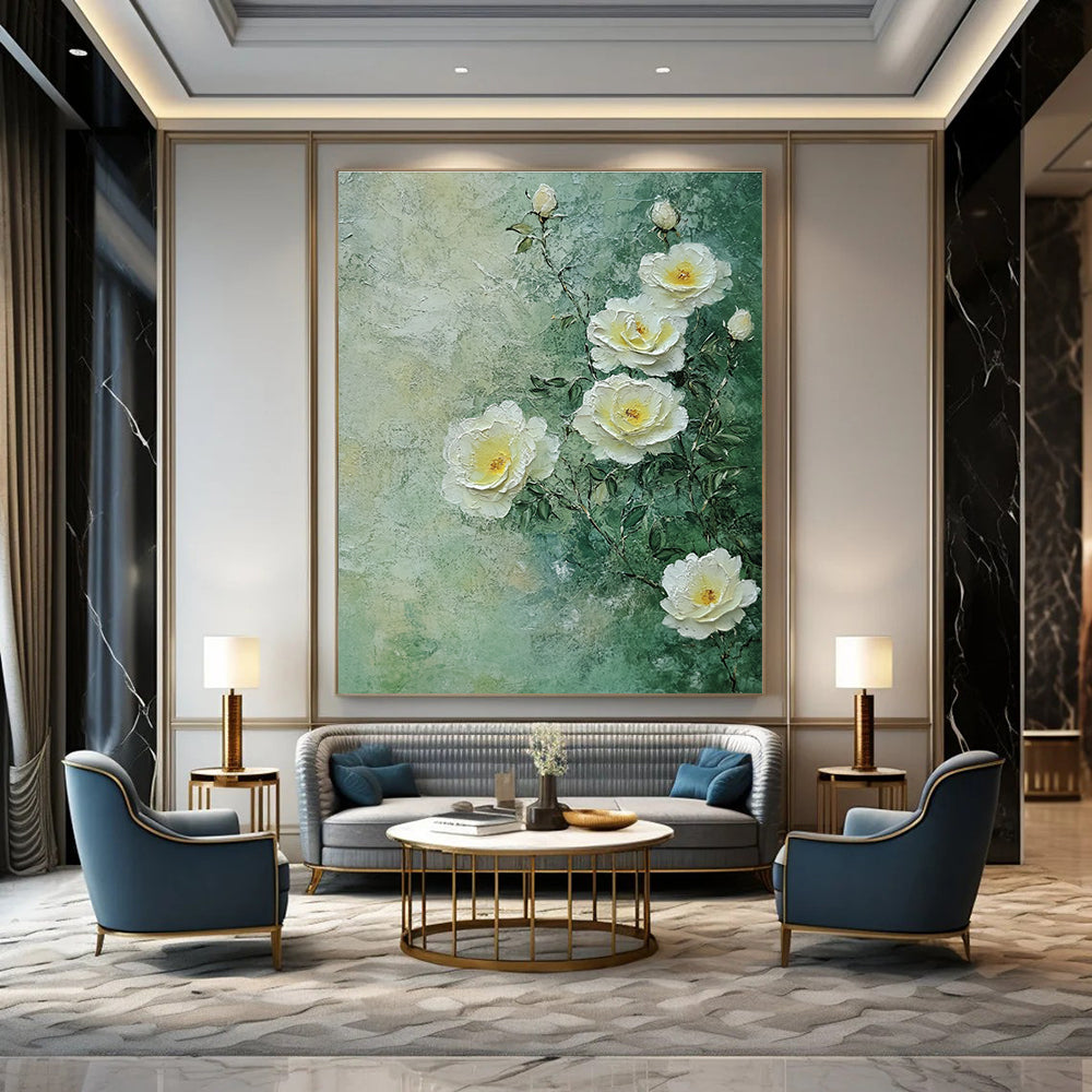 A large abstract painting featuring white roses on a light green background with soft tones and delicate brush strokes inspired by nature.STSC1490