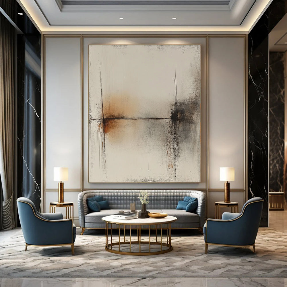 Large abstract painting featuring a white background with brown lines and a subtle tonal range in gray and amber hues.STSC736