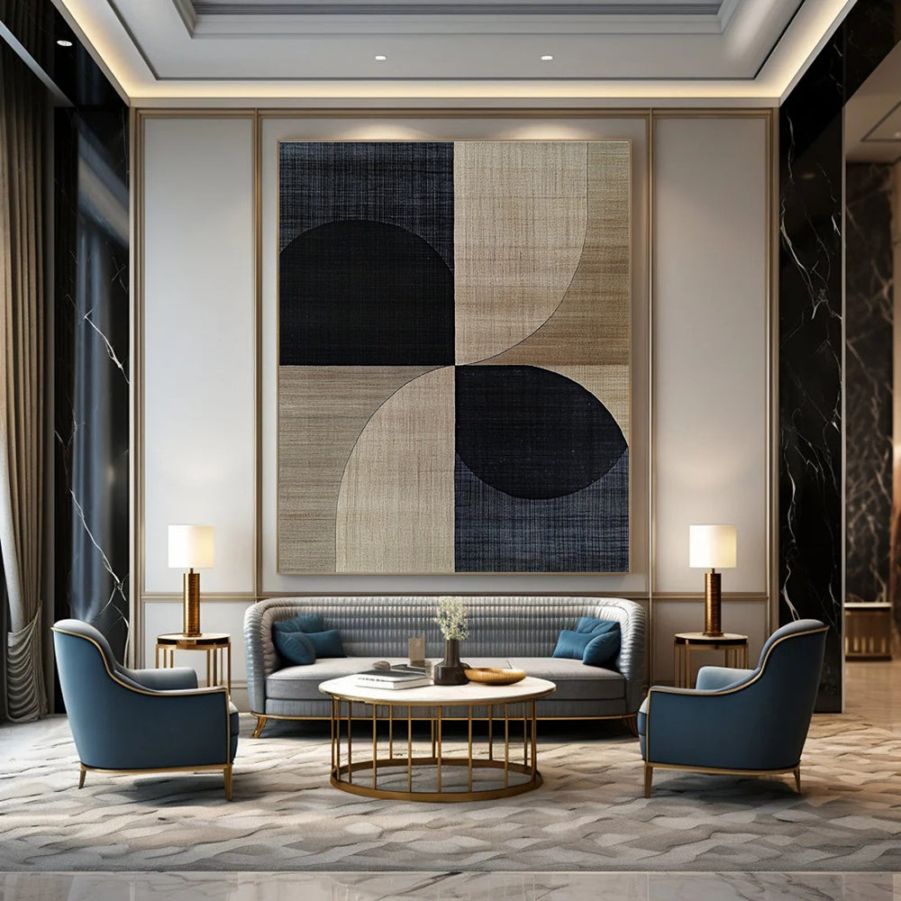 A large abstract painting featuring mid-century modern designs with black and beige shapes, wood grain texture, and subtle geometric patterns.STSC1318