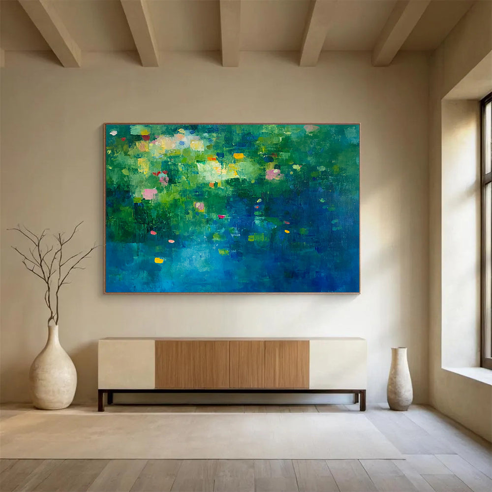 Colorful Floral Abstract Painting with Green and Blue Background DYP503