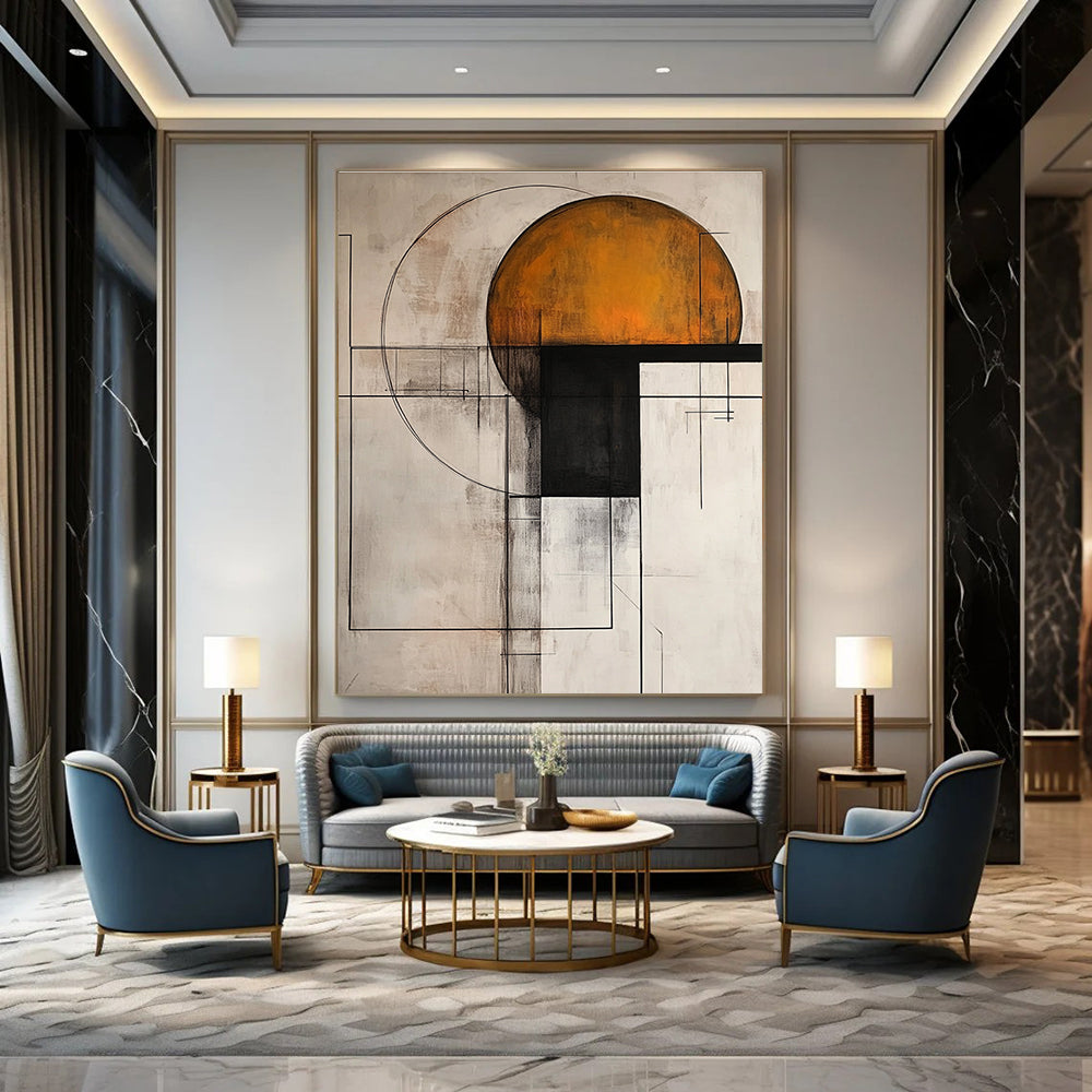 Large abstract painting with light gray background featuring dark amber and white geometric shapes and a harmonious color scheme in modern art style.STSC239