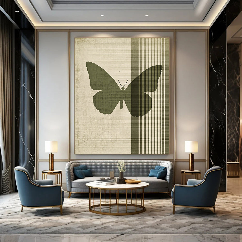 Abstract painting featuring a green butterfly on a beige background with vertical lines and vintage texture in muted colors.STSC1009