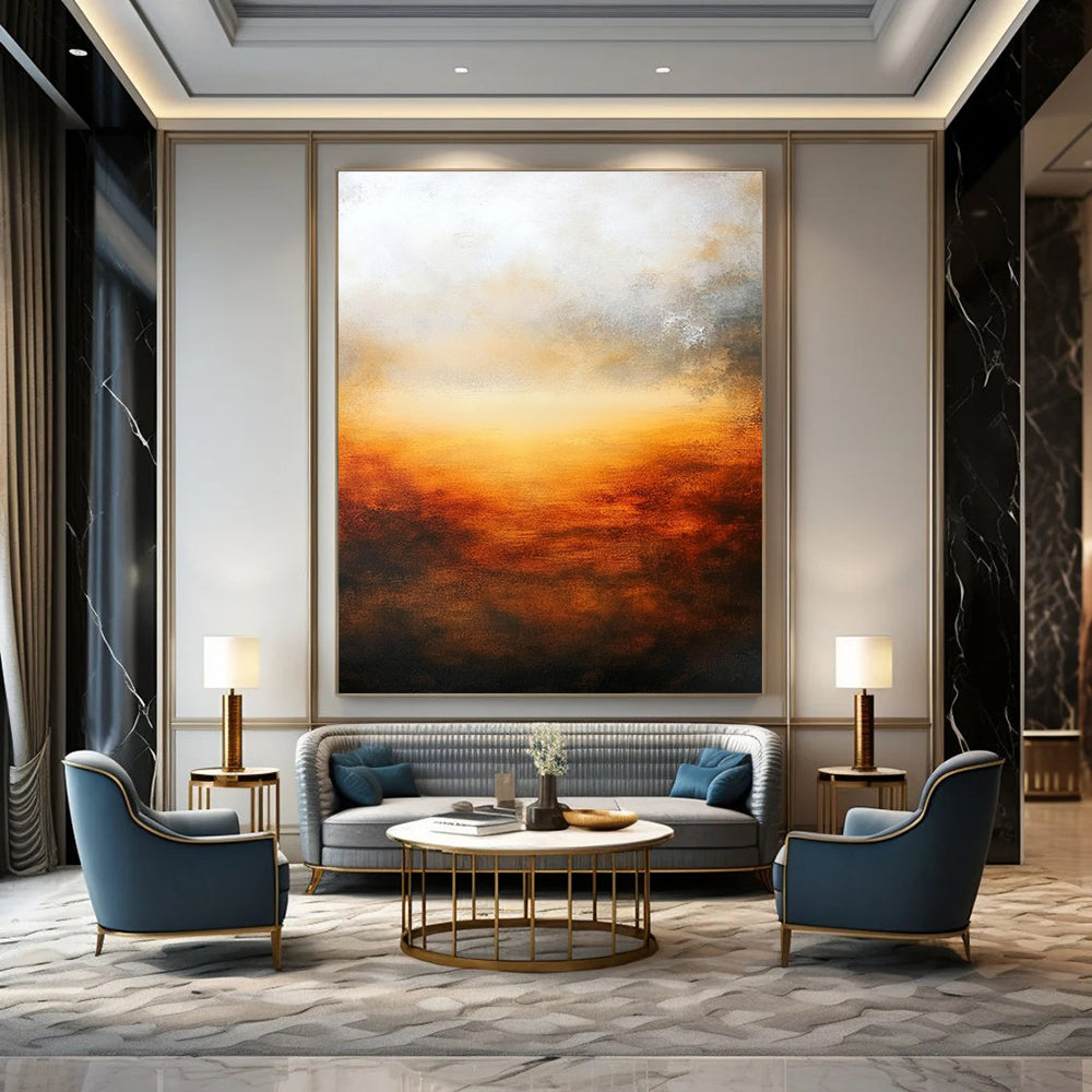 Large abstract oil painting featuring atmospheric sunset in muted earth tones and deep orange with a serene minimalist composition.STSC585