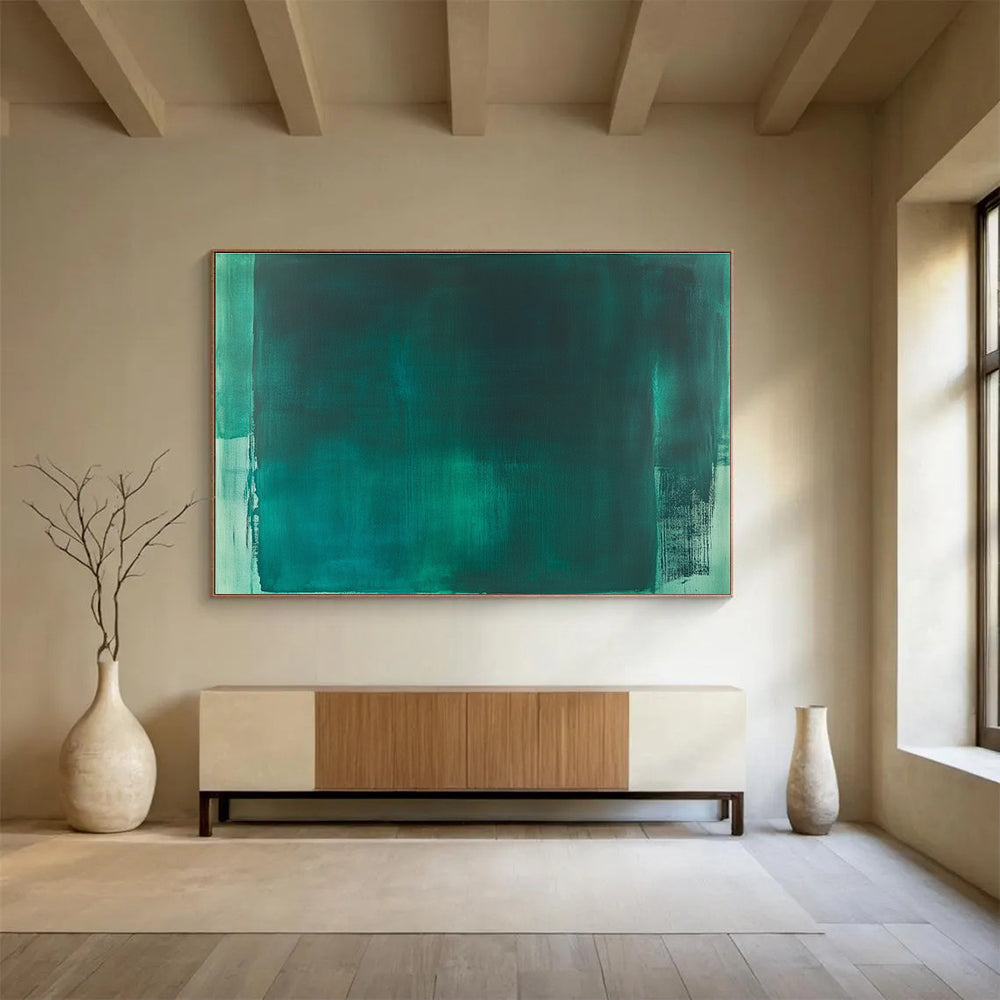 Large abstract painting featuring emerald green and teal, with loose brush strokes and a minimal monochromatic palette in the style of Mark Rothko.SC233