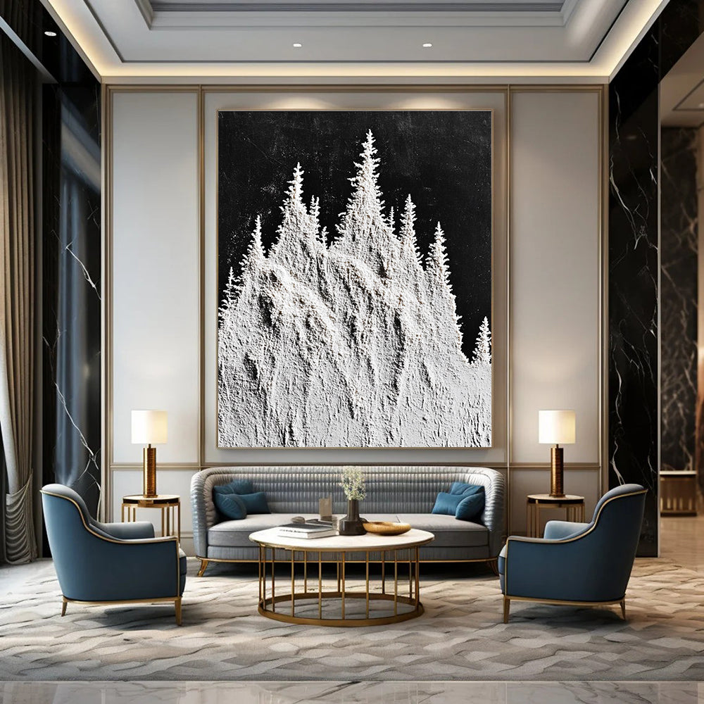Large abstract painting featuring snow-capped mountain peaks and trees in white powder on a textured black background.STSC1488