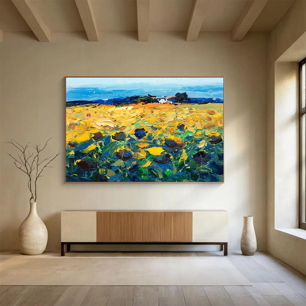 Yellow Blue Green Sunflower Field Painting THY485