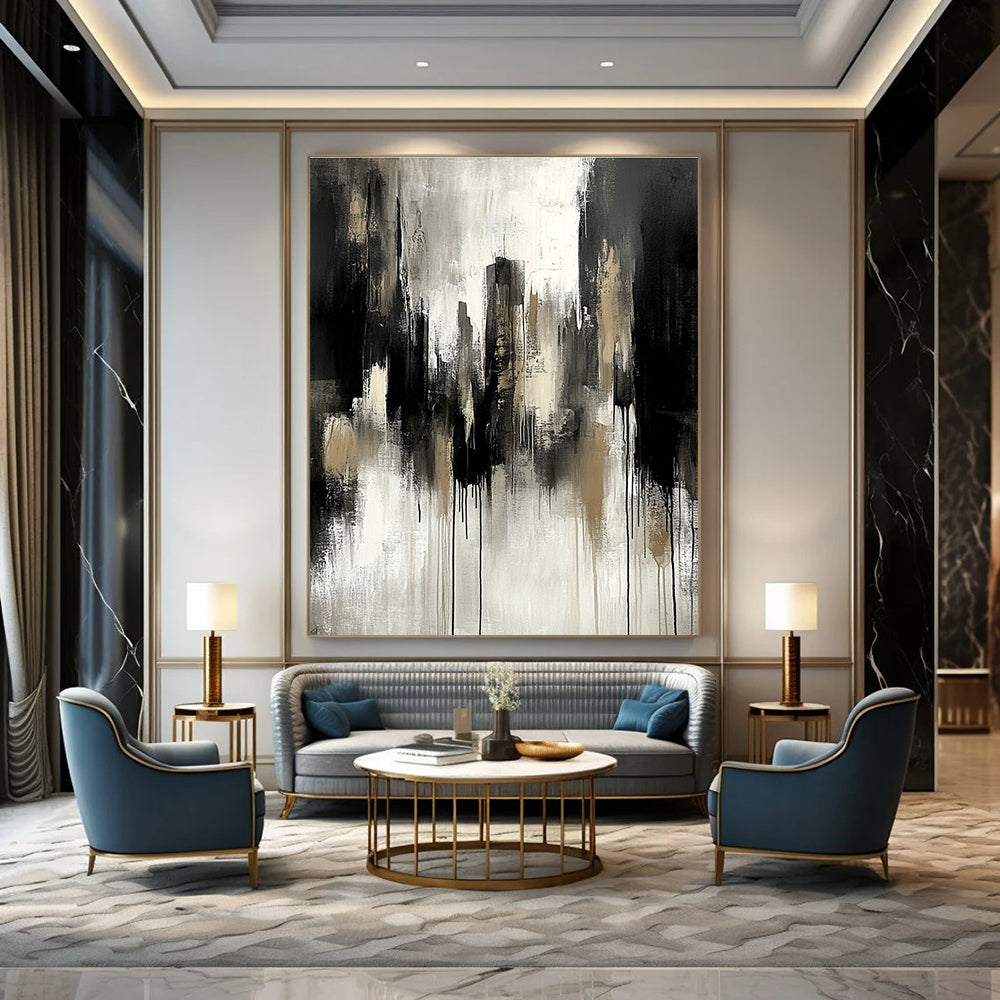 Abstract painting featuring neutral tones of grey and black with urban landscape elements and dramatic mood, enhanced by soft lighting and paint drips.STSC250