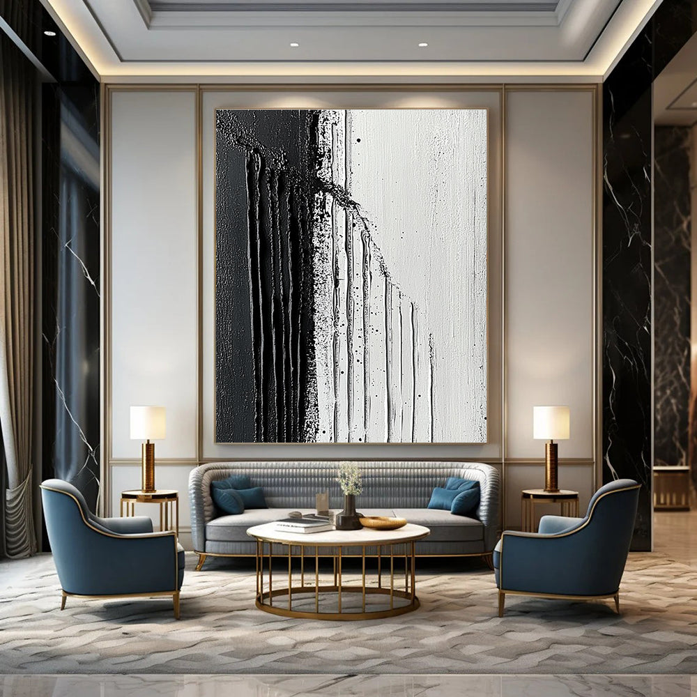 Large abstract painting featuring textured strokes with a striking contrast of dark and light shades embodying minimalism and simplicity on canvas.STSC019