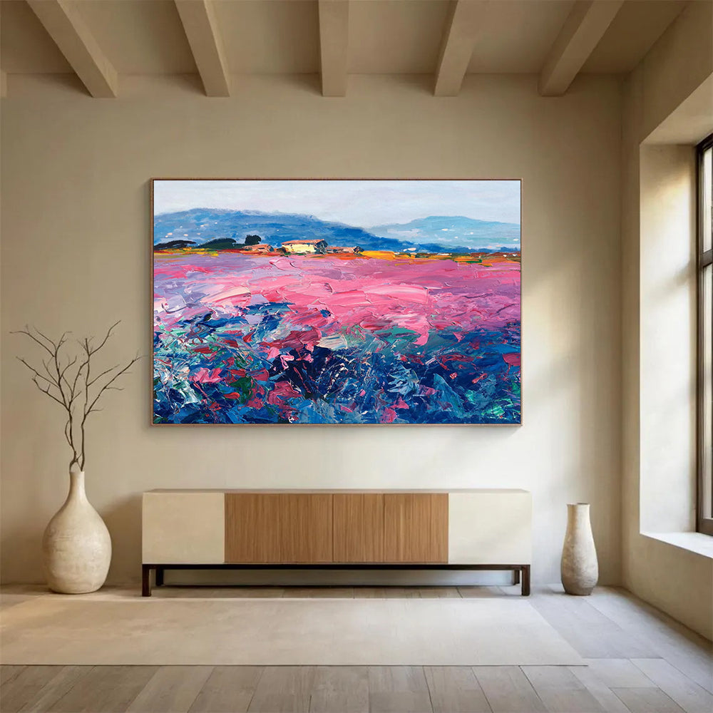 Pink Field with Houses Abstract Painting THY450