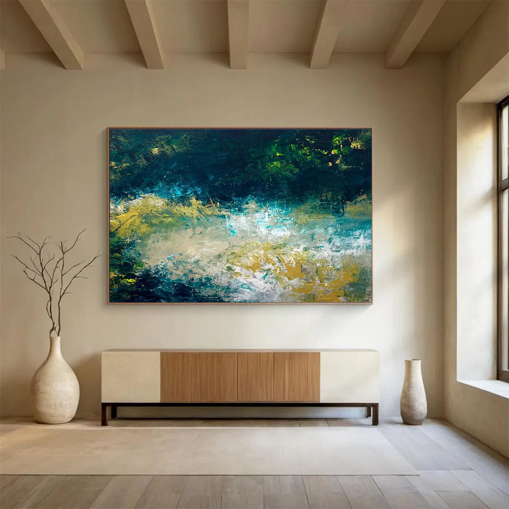 Teal Gold Abstract Painting with Dynamic Color Blends THY326