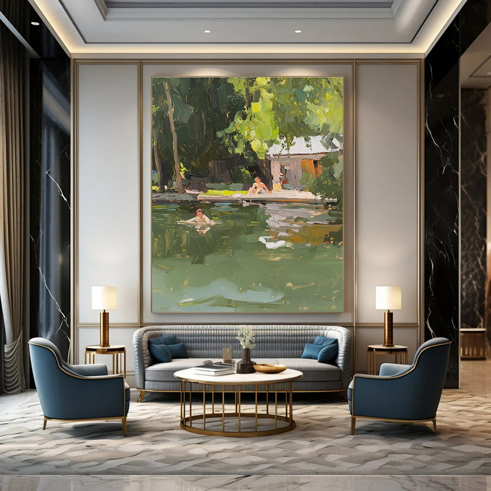Outdoor Leisure Scene Painting with Natural Green Tones ADGE432