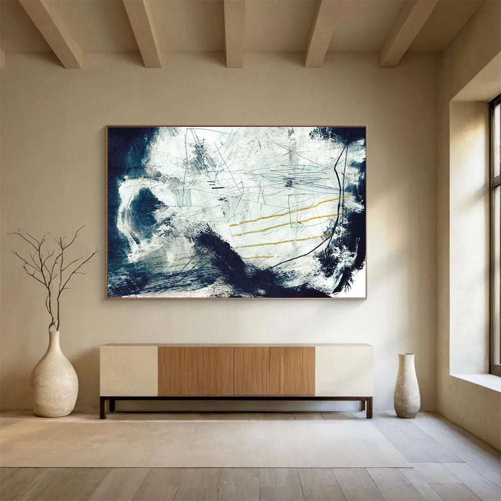 Blue and White Textured Abstract Painting with Yellow Accents THY141