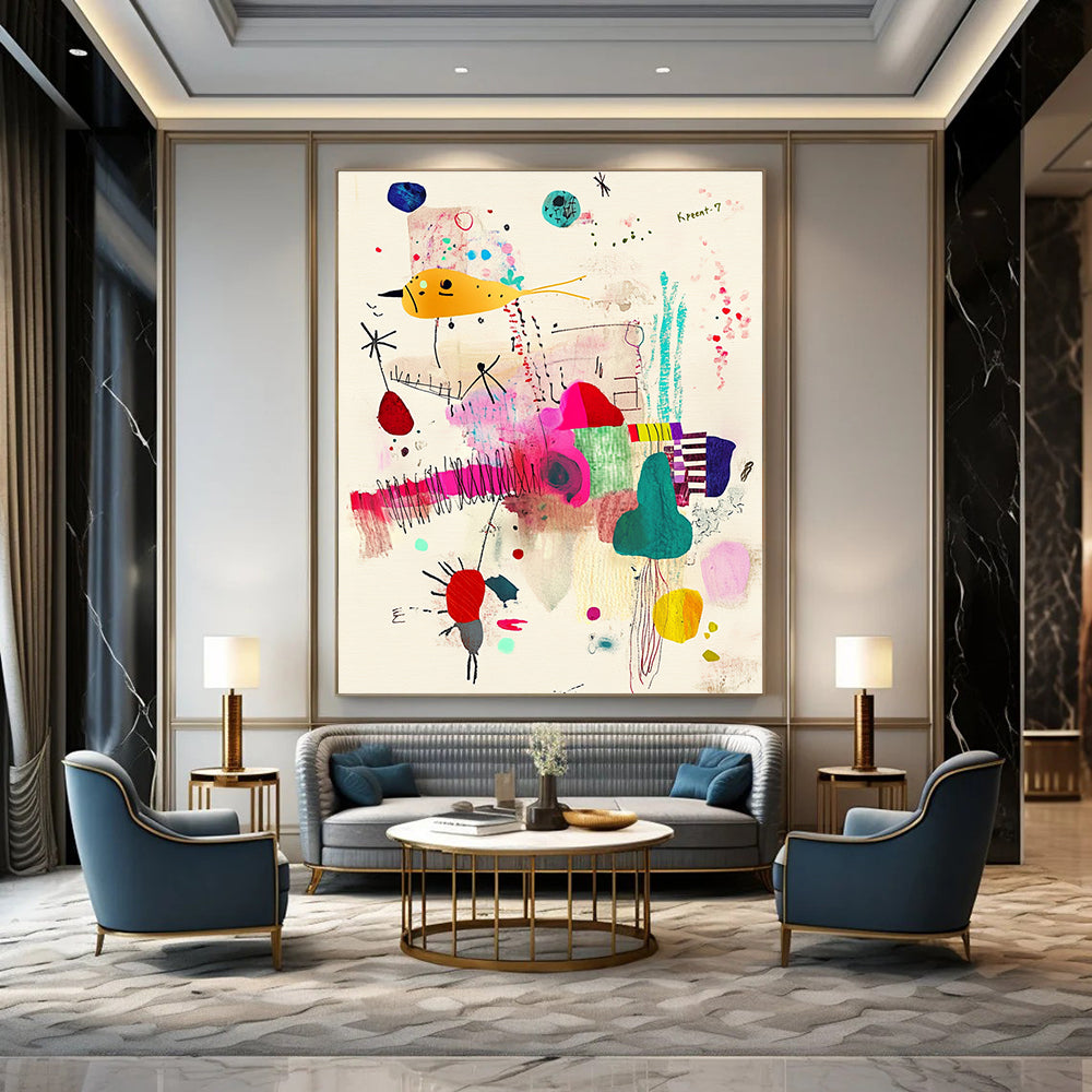 A large abstract painting featuring Krent-7 with whimsical patterns and vibrant fabric scraps on a beige background.STSC1235