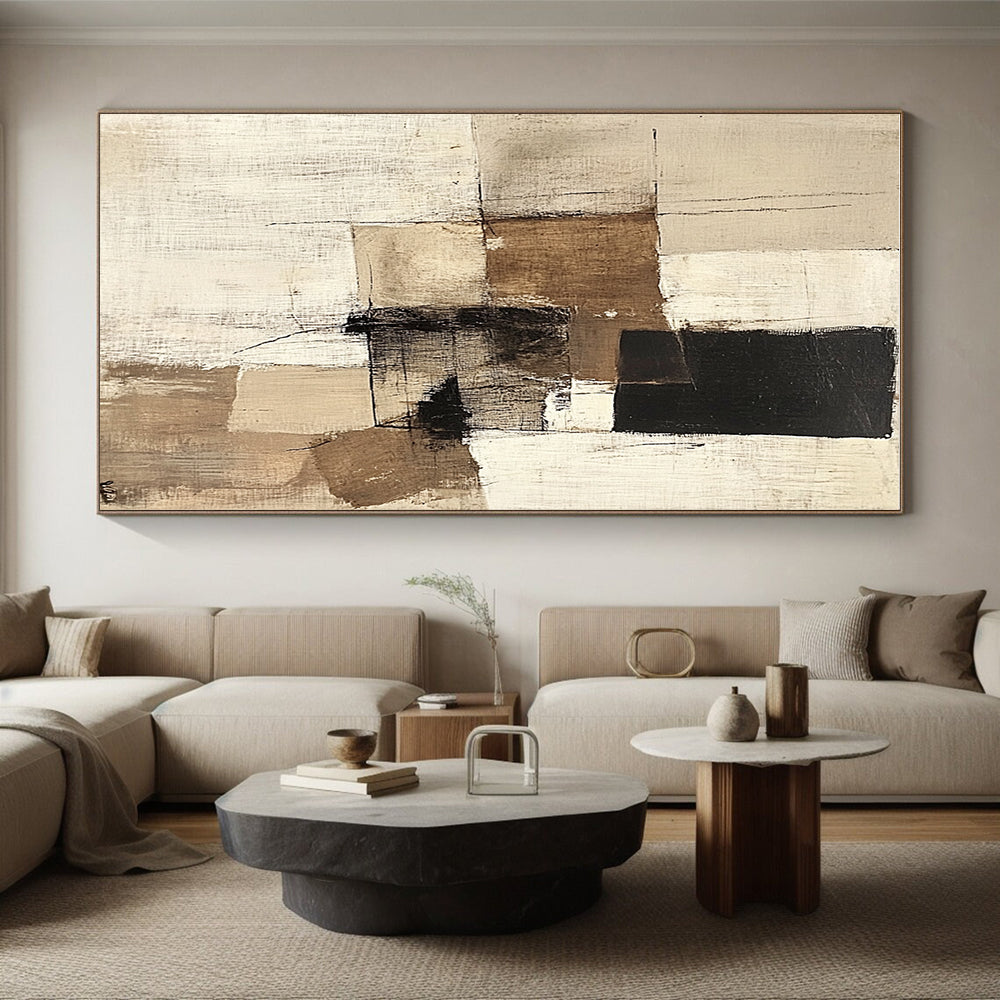 Beige Black Minimalist Abstract Painting with Subtle Lines GER774