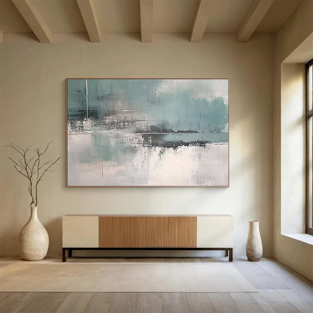 Large abstract art painting featuring muted teal grey and white colors for a sophisticated touch in any space.SC296