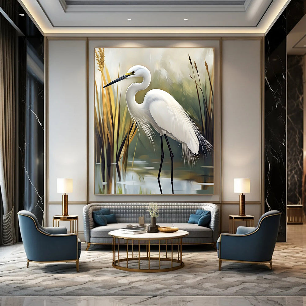 Abstract painting of an egret in a serene marsh setting featuring soft feather textures and tranquil green and gray hues.STSC1293