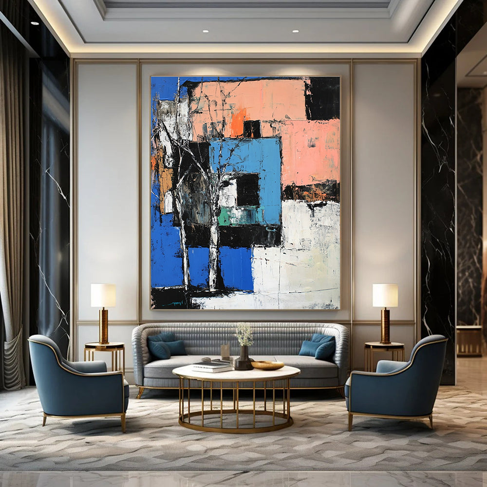 Large abstract painting of a building in blue peach and white inspired by expressive styles of John Marin and Richard Diebenkorn.STSC1108