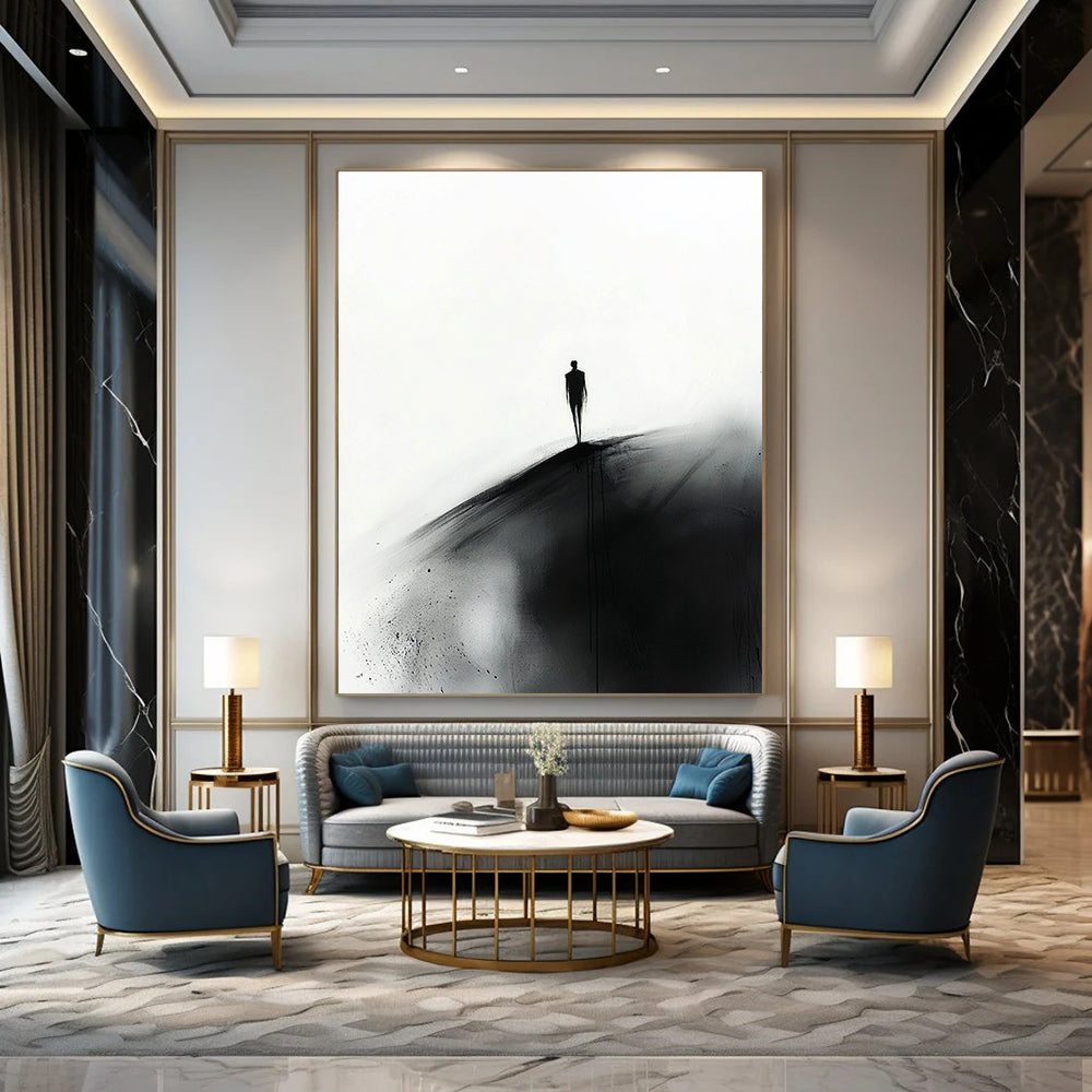 Abstract painting featuring a small silhouette of a man in black walking towards the viewer on a hill against a white ink wash background.STSC1349