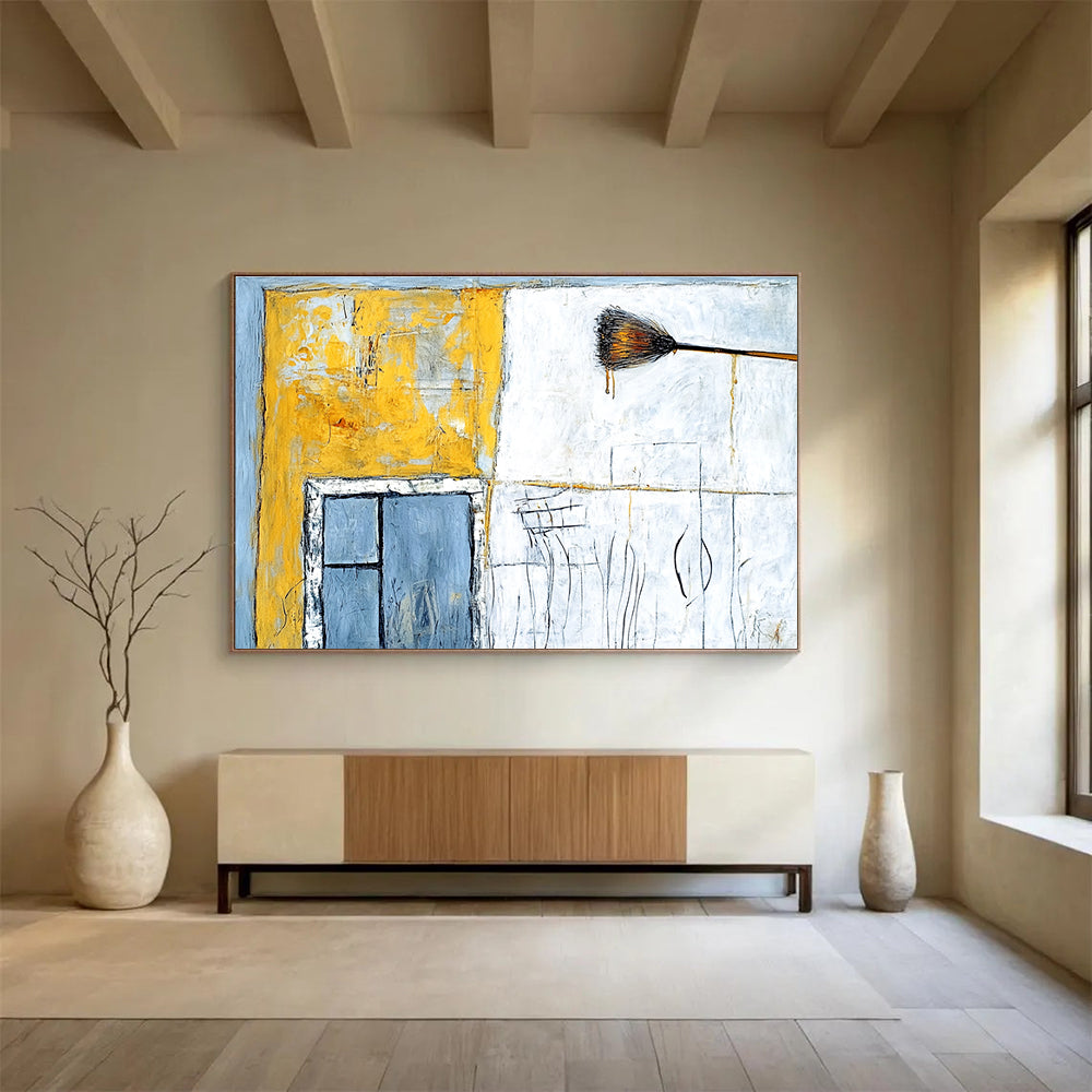 Large abstract painting featuring an old building in yellow and white with an open window and light blue wall details.SC164