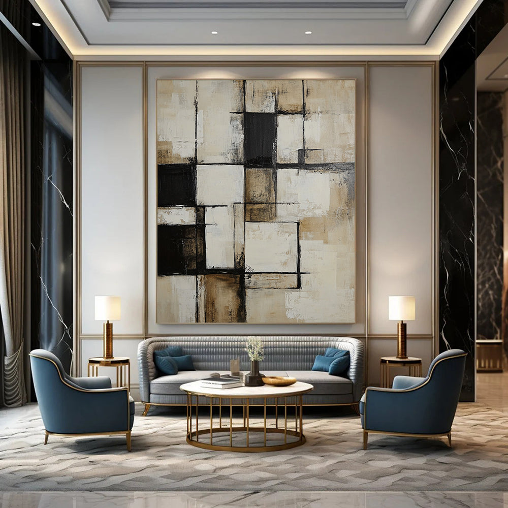 Large abstract painting of textured white and beige squares featuring black accents in a deconstructed minimalist style inspired by Peter Coller.STSC716