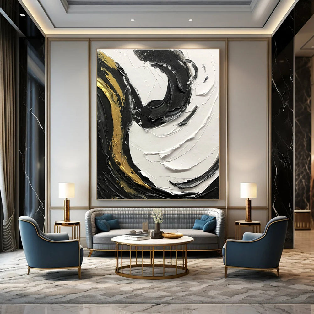 Gold - Accented Black and White Textured Swirl Abstract Painting ADGE381