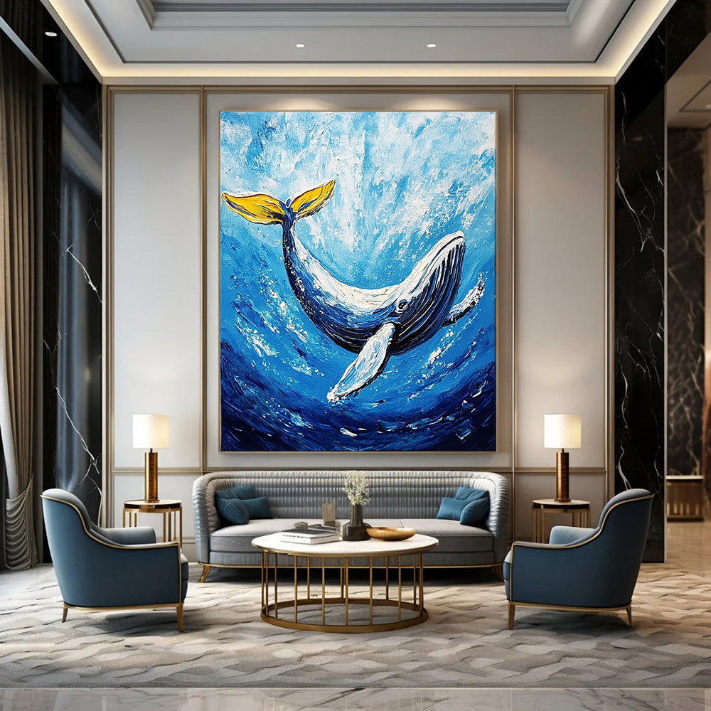 A large abstract painting featuring a majestic whale gliding through deep blue waters in vibrant acrylic colors.STSC1052