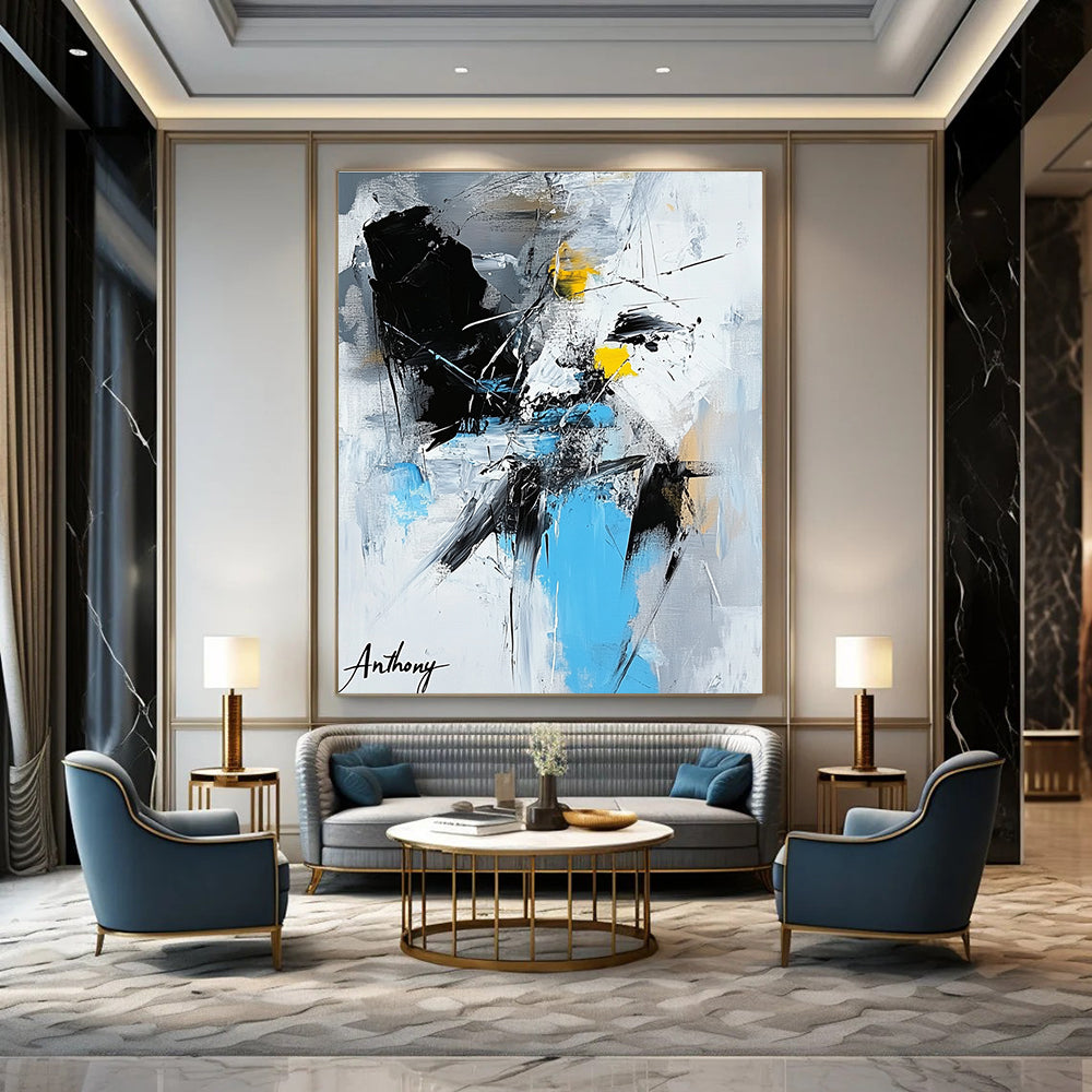 Large abstract painting featuring the name Anthony in vibrant colors with dynamic shapes and bold black brush strokes.STSC1275