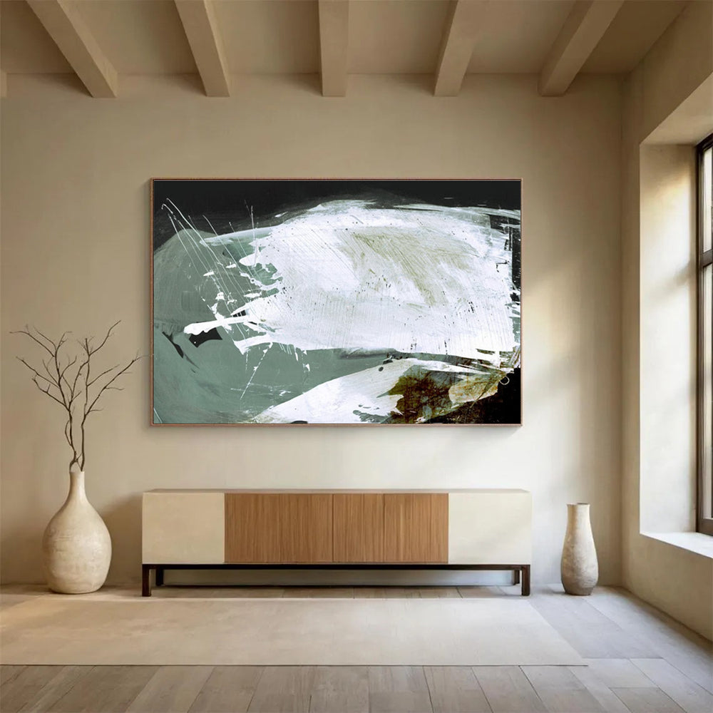 Textured White and Green Abstract Painting with Dynamic Layers THY133