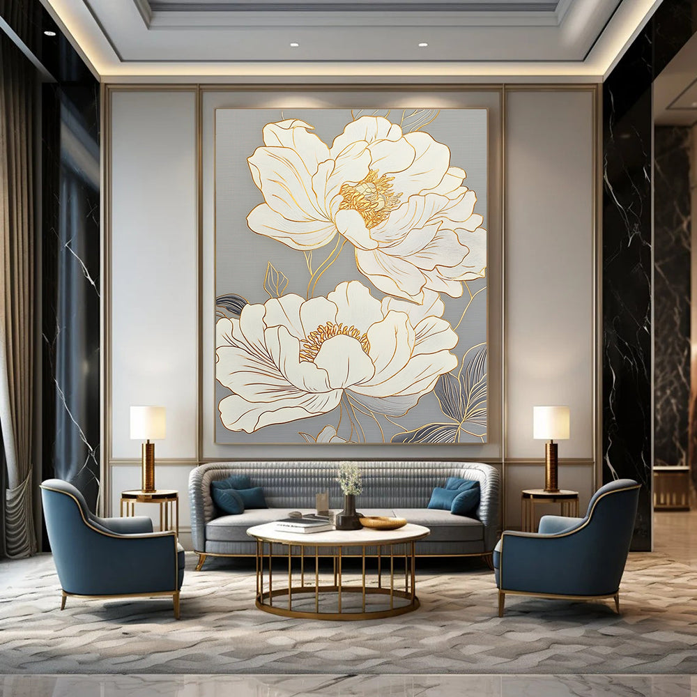 Large abstract painting featuring peony flowers with delicate lines glass texture and gold outlines on a light gray background.STSC1433