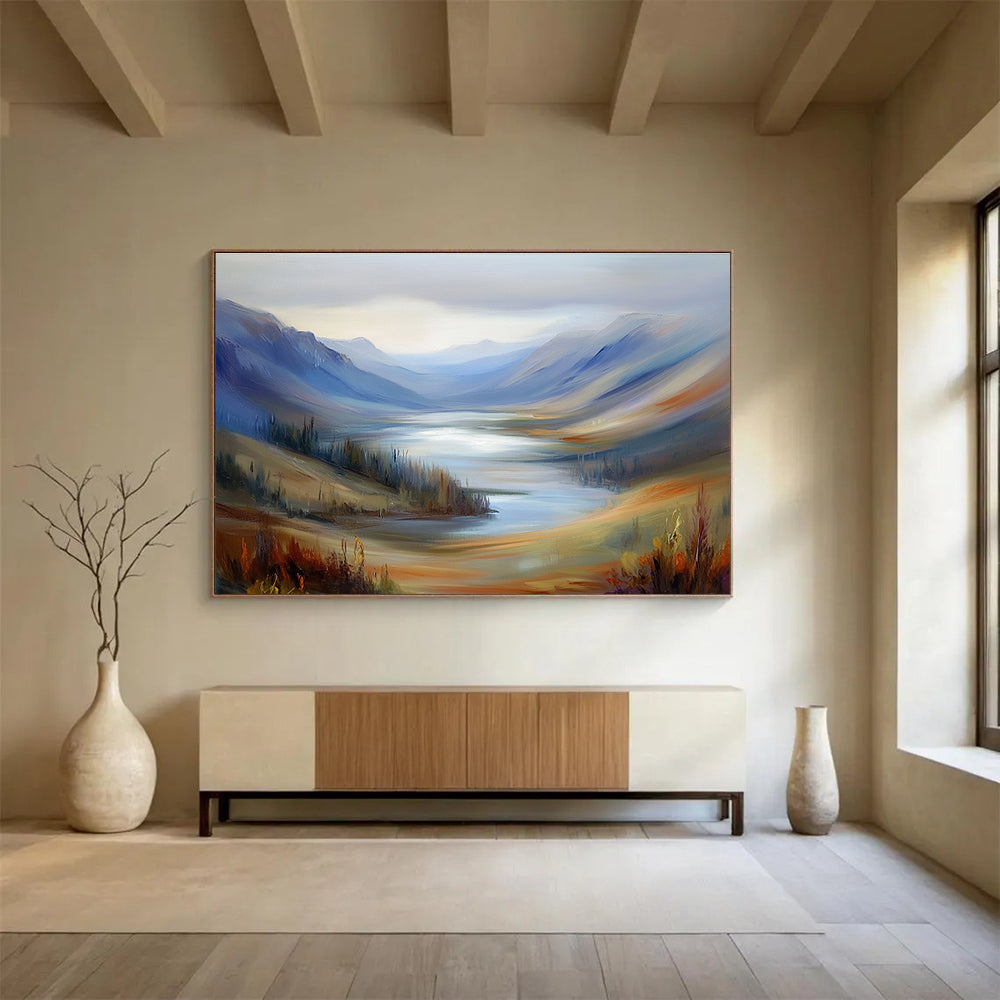 Mountain Lake Abstract Painting with Blue and Brown Tones DYP560