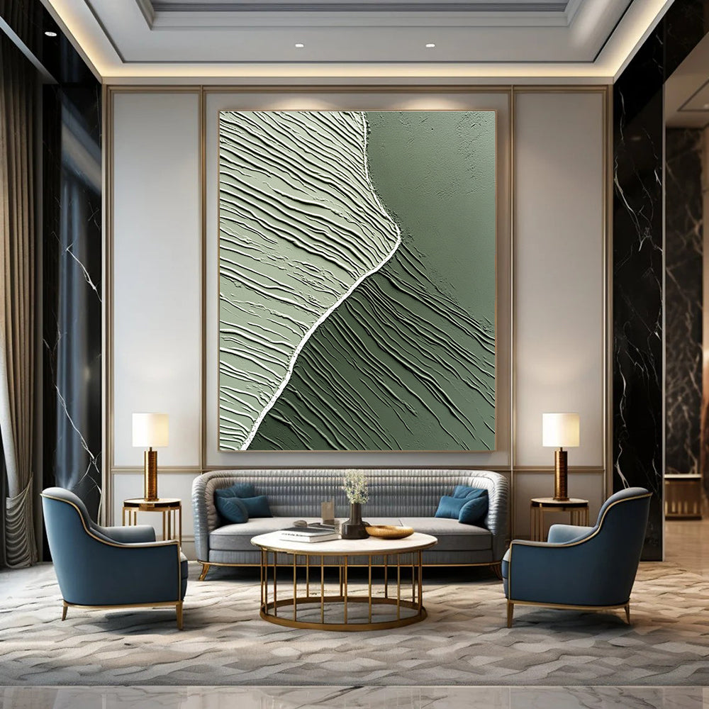 Large abstract artwork featuring smooth gray-green clay textures and a white central line, embodying minimalism and modern aesthetics against a dark background.STSC962