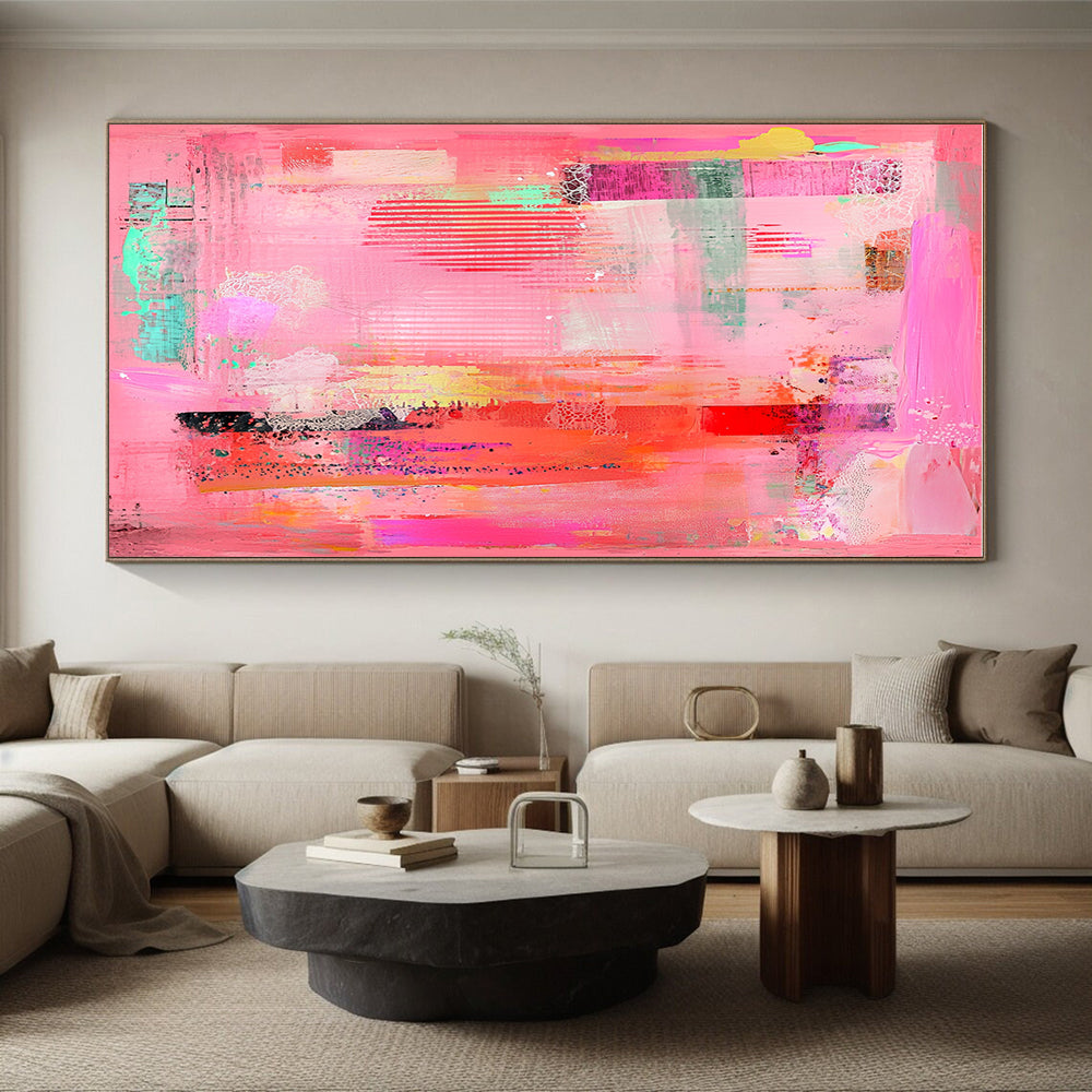 Colorful Mixed - Media Pink Abstract Art with Diverse Textures GER255
