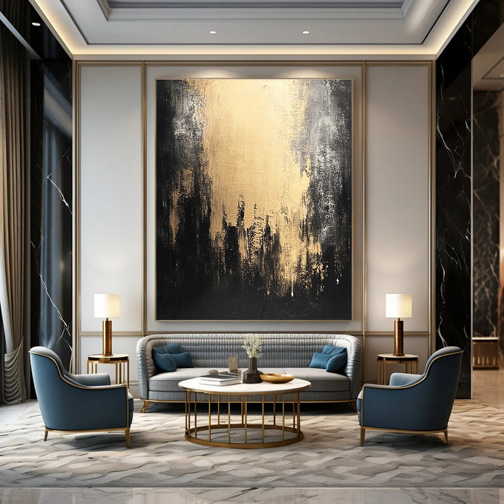 Large abstract painting in dark gray and light gold showcasing urban decay with black shadows for a captivating contemporary atmosphere.STSC228
