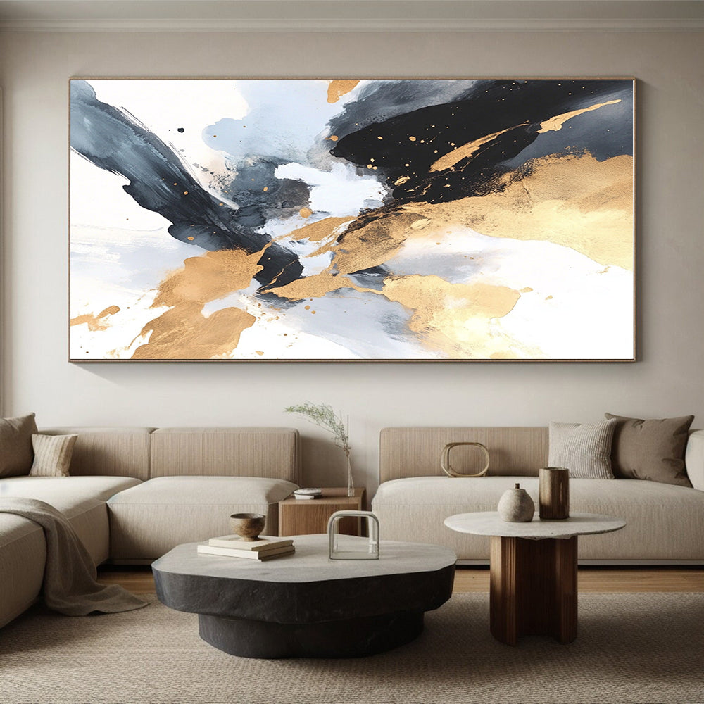 Gold Black Abstract Painting with Elegant Splashes GER736