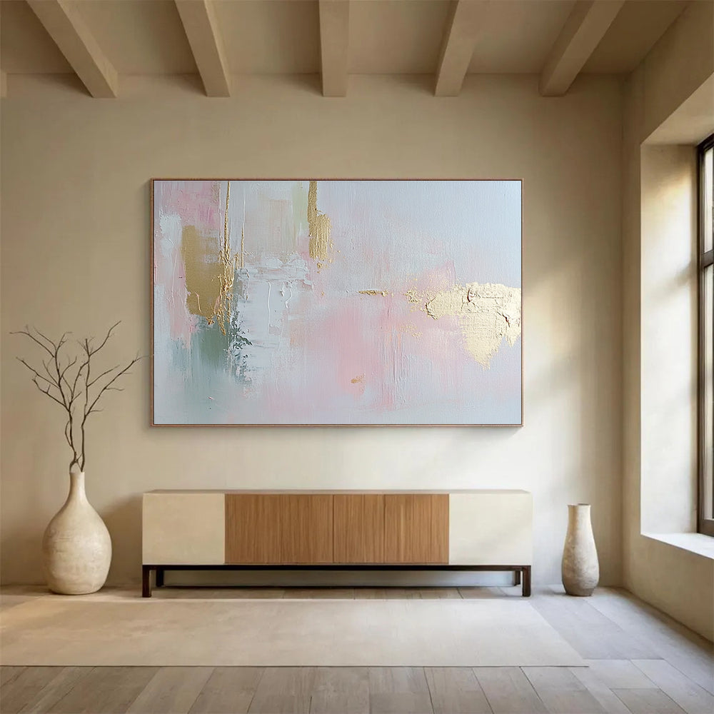 Abstract painting in soft pastel pink and pale gold with delicate brush strokes and textured elegance, enhancing a serene romantic atmosphere.SC386