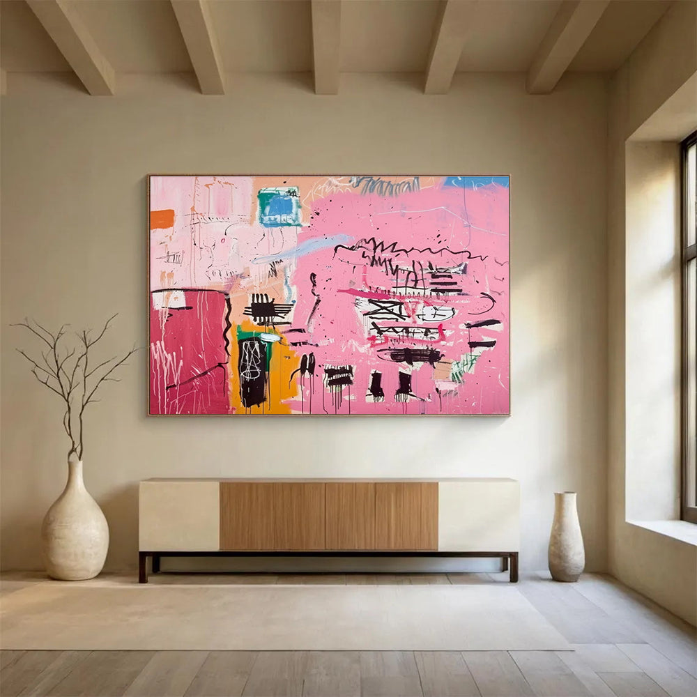 Pink Abstract Graffiti Painting with Pink, Black, and Colorful Doodles THY198