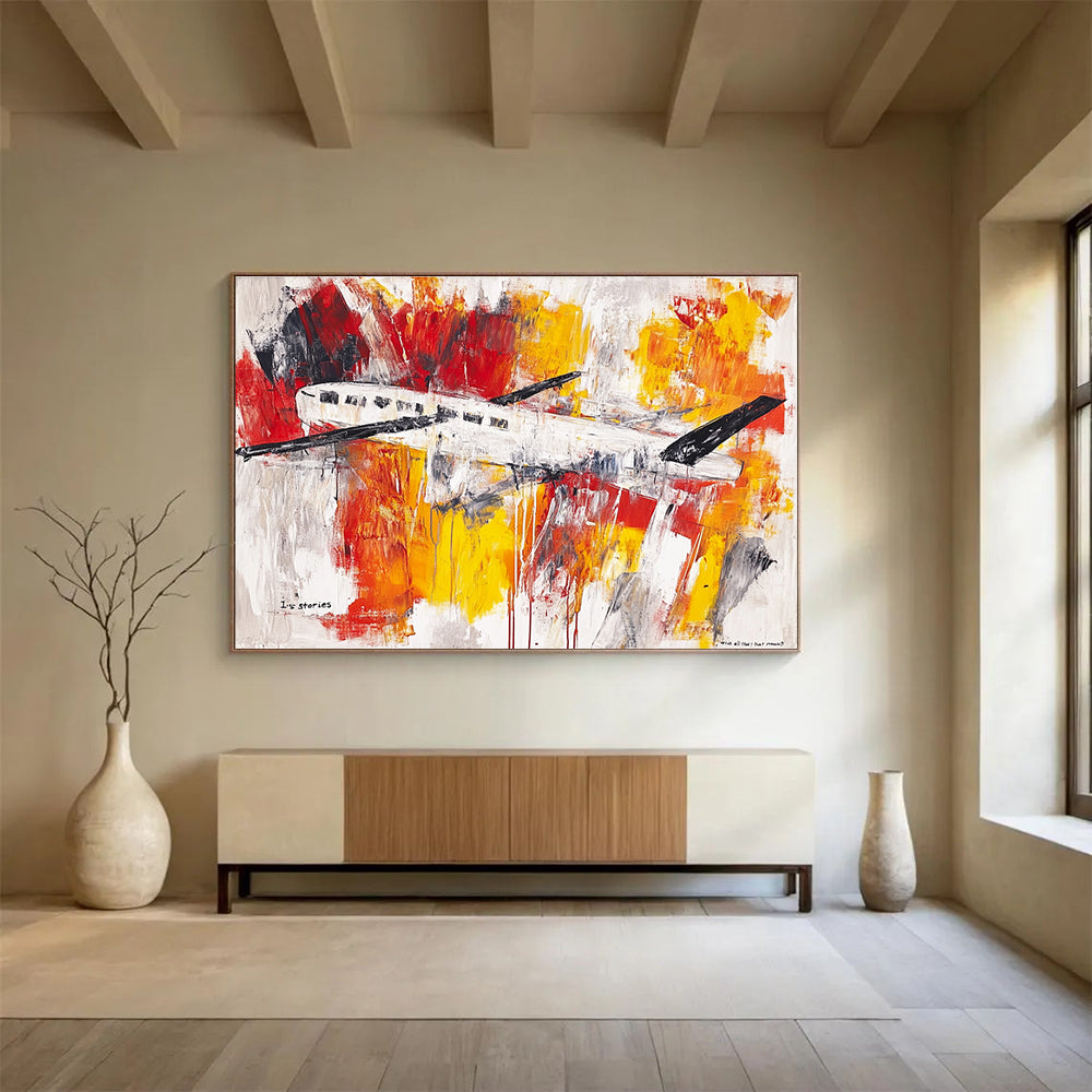 A large abstract painting featuring an airplane and a clothesline in vibrant brush strokes and washes of red, yellow, orange, grey, and silver on a white background.SC333